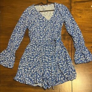 Elegant Fb Sister Blue White Floral Women's Romper Skort Front Side Tie